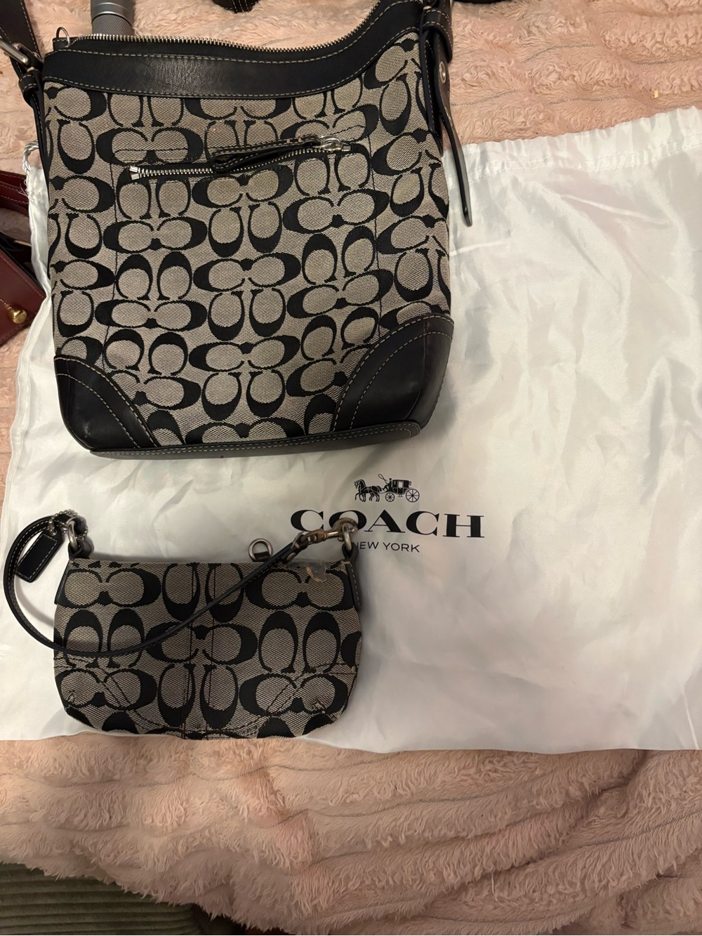 Coach Black and Tan Signature Canvas Shoulder Bag with Wristlet